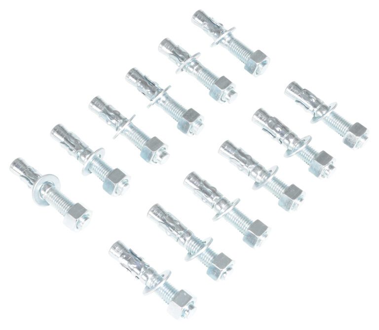 Ten Vestil 12-Pack Concrete Anchor Bolts with hexagonal heads, nuts, and sleeves are displayed in four even rows on a pristine white background.
