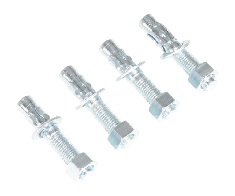 The Vestil 4-Pack Concrete Anchor Bolts, measuring 3/4 x 4 inches, are displayed diagonally on a white background. Each comes with a threaded rod, nut, washer, and sleeve. Their shiny silver finish lends a sleek and polished look.