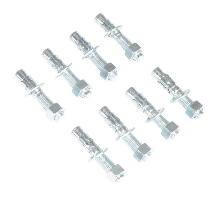 The Vestil 8-Pack Concrete Anchor Bolts 3/4 X 4-1/4 are neatly arranged in two rows on a white background, featuring threaded shafts with hex nuts and metal sleeves for reliable anchoring in concrete or masonry.