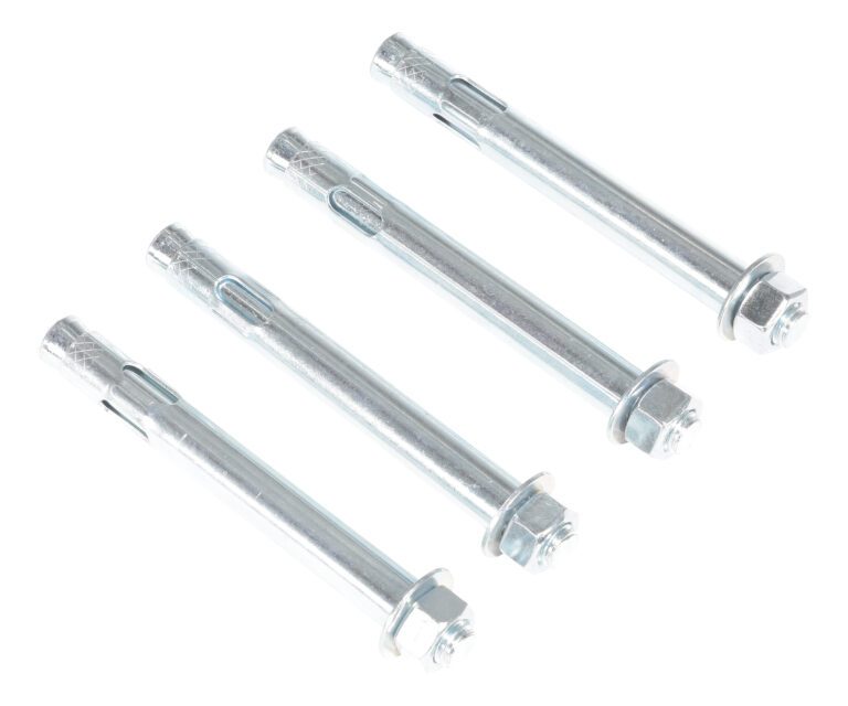 Four silver bolts from the Vestil 4-Pack Concrete Anchor Bolt 3/4 X 6 In set are positioned diagonally on a white background, each with a hex nut and smooth cylindrical body ending in a taper.