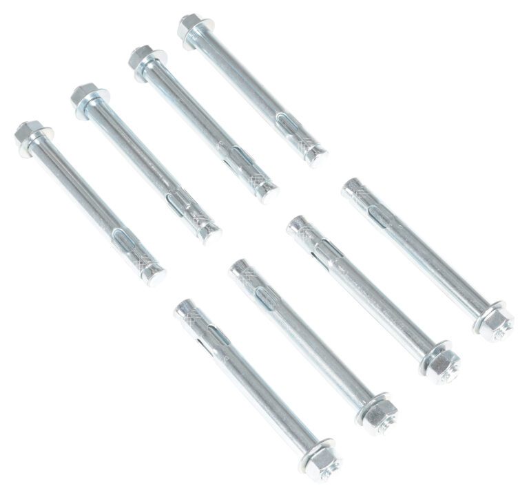 Eight Vestil 8-Pack Concrete Anchor Bolt 3/4 X 6-1/4 are neatly arranged in two rows on a white background. Each bolt has a threaded rod with a hexagonal head and metal sleeve, ideal for securely fastening materials, highlighting the reliability of this set.