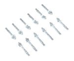 The Vestil 12-Pack Concrete Anchor Bolt 3/8 X 3 In is displayed with twelve metal wall anchors diagonally on a white background, each equipped with a bolt, nut, and expanding sleeve for securely attaching heavy objects to walls.