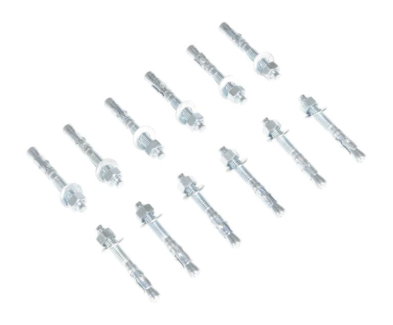 The Vestil 12-Pack Concrete Anchor Bolt 3/8 X 3 In is displayed with twelve metal wall anchors diagonally on a white background, each equipped with a bolt, nut, and expanding sleeve for securely attaching heavy objects to walls.