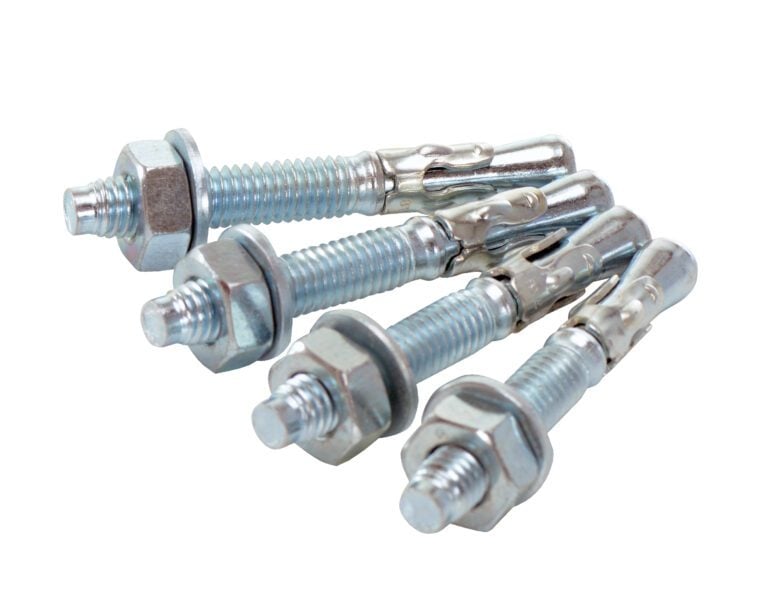 AS-383-4PK_A.jpg Five shiny Vestil 3/8 X 3 In Concrete Anchor Bolts, with hexagonal nuts and washers, arranged in a fan shape. The bolts feature an expandable sleeve near the threaded end, ideal for concrete or masonry securement.