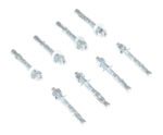 Eight Vestil 8-Pack Concrete Anchor Bolt 3/8 x 3-inch are shown on a white surface. Each bolt in this set includes a hex nut, washer, and slotted sleeve that expands when tightened, ideal for securing heavy items to concrete.