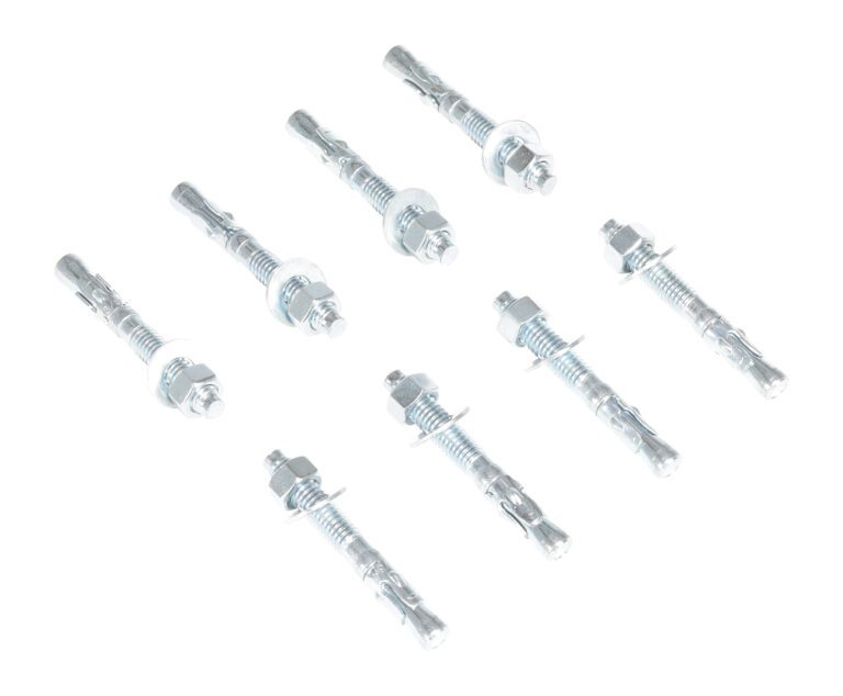 Eight Vestil 8-Pack Concrete Anchor Bolt 3/8 x 3-inch are shown on a white surface. Each bolt in this set includes a hex nut, washer, and slotted sleeve that expands when tightened, ideal for securing heavy items to concrete.