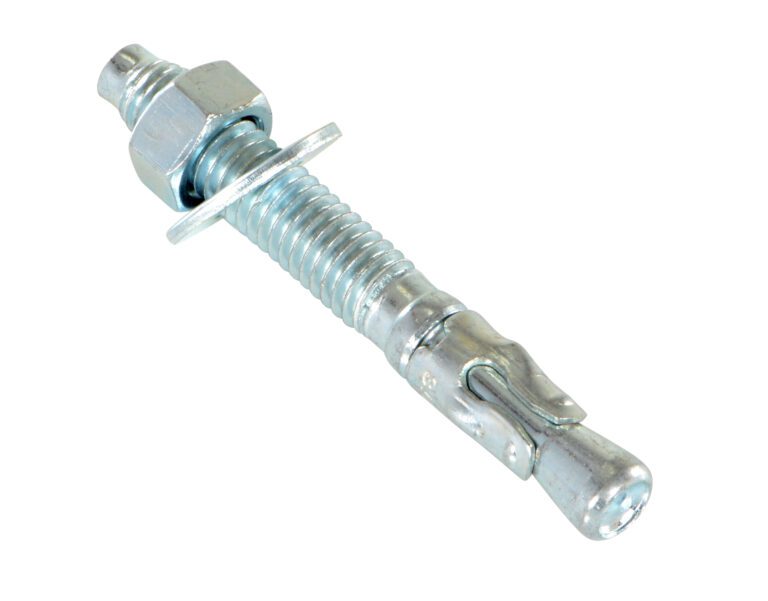 AS-383_A.jpg The Vestil Concrete Wedge Anchor Bolt 3/8 X 3 In is a silver metal bolt with a hex nut, threaded shaft, and expanding end for sturdy installations, elegantly displayed against a white background.