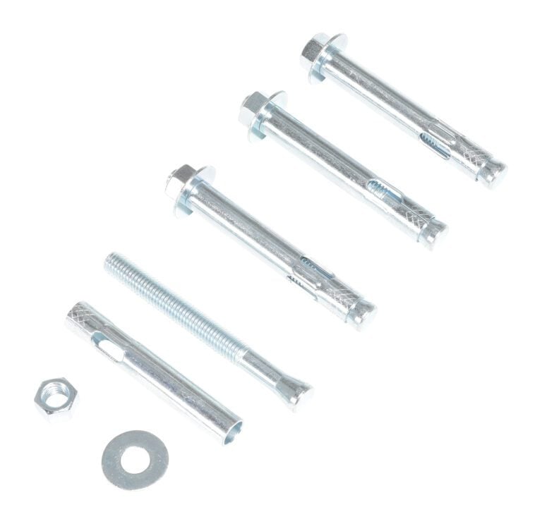 Four Vestil 5/8 x 4 inch concrete anchor bolts, each with a nut and washer, are arranged on a white background. The sturdy, cylindrical bolts have hexagonal heads and are separated to display each component individually.