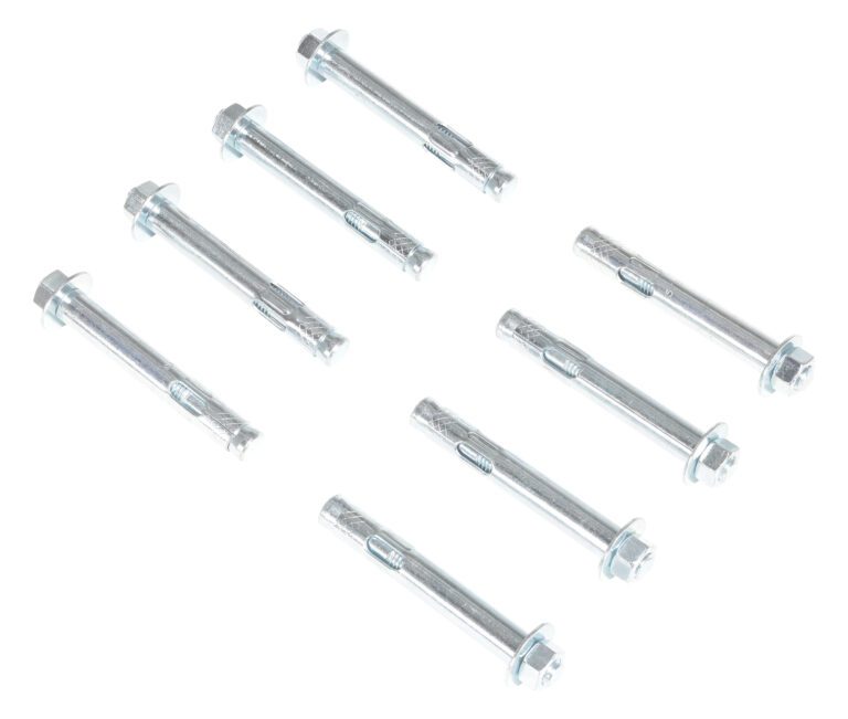 Eight Vestil 8-Pack Concrete Anchor Bolts (5/8 x 4 inches) with hex heads are neatly arranged in two rows against a pristine white background.