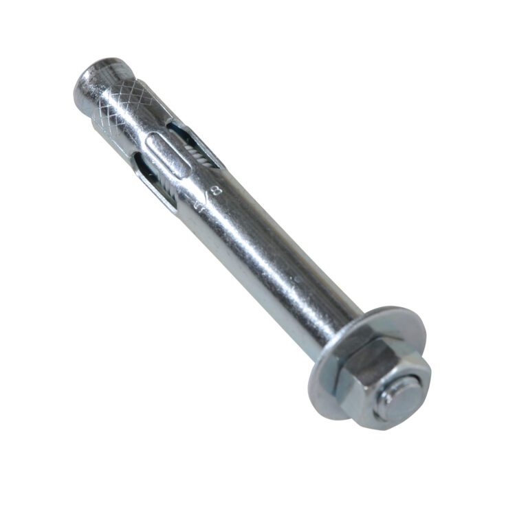 Close-up of the Vestil Concrete Sleeve Anchor Bolt 5/8 X 4 In, showcasing a metallic expansion bolt with a textured grip, hex nut, and washer on a white background.
