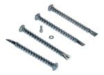 Four metal screws from the Vestil Heavy Duty Asphalt Anchor 4 Pack are lined up diagonally on a white surface. These screws feature a ridged texture and have either pointed or flat ends. A small bolt and washer sit between the second and third screws, highlighting their functionality.