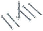 Six metal screws from the Vestil Heavy Duty Asphalt Anchor 6 Pack are horizontally aligned, with two stacked. They have ribbed bodies and flat, wide heads. A small screw and washer are positioned near the center on a white background.