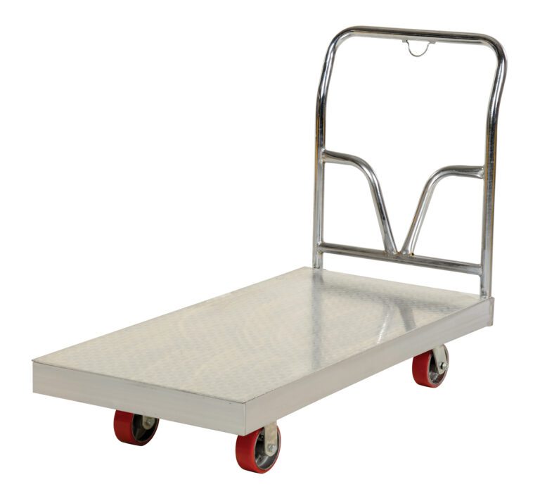 ASD-3048_A.jpg The Vestil Alum Sheet Deck Platform Truck 30W X 48L has a metal platform and push handle, four red wheels, and a robust silver frame, perfect for efficient transport of heavy items.
