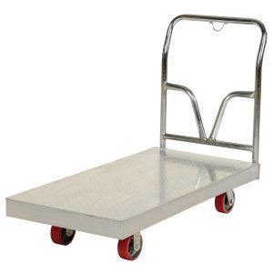 The Vestil Alum Sheet Deck Platform Truck 30W X 60L has a solid metal base for item transport, red caster wheels, and a durable metal handle for easy maneuverability in pushing or pulling tasks.