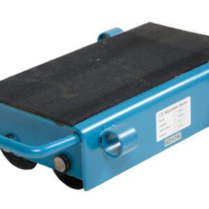 The Vestil Machinery Skates Adjust 12 Ton Capacity is a blue industrial dolly with a textured black surface, two visible small wheels, and a side handle for maneuvering heavy items. It includes a label with specs.