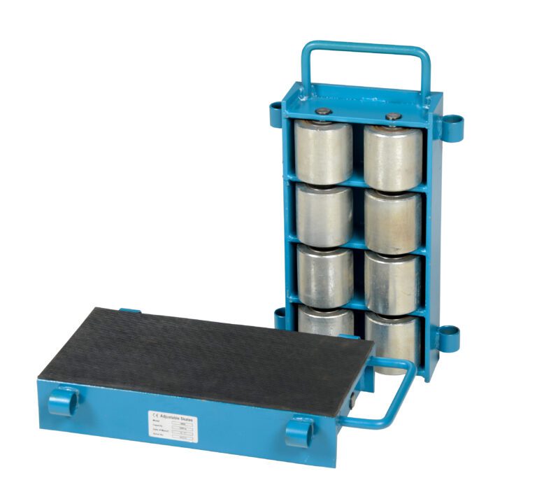 ASKT-24_A.jpg A set of Vestil Machinery Skates with a 24-ton capacity features blue metal construction, adjustable handles for easy maneuverability, one skate upright with cylindrical rollers, and the other flat with a sleek black surface.