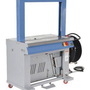 The Vestil Automatic High Speed Strapping Machine has a stylish blue frame, silver body, and red wheels. Its button-equipped control panel pairs with a large black spool of strapping material, ideal for efficient box packaging and securing.