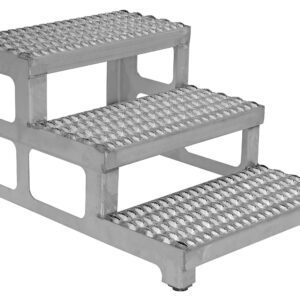 Introducing the Vestil Adj Alum Step Mate Stand 3 Step 24.06 X 33.62, an industrial staircase offering strength and mobility with grated silver design, cut-out sides for reduced weight, and steps ensuring stability and traction.