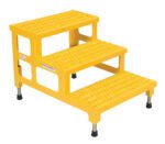 The Vestil Adjust Step Mate Stand 3 Step (23.81 x 33.87 in) is a yellow metal ladder with a non-slip surface and four adjustable rubber-tipped legs, designed for stability and safety in industrial and home settings.