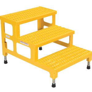 The Vestil Adjust Step Mate Stand 3 Step (23.81 x 33.87 in) is a yellow metal ladder with a non-slip surface and four adjustable rubber-tipped legs, designed for stability and safety in industrial and home settings.