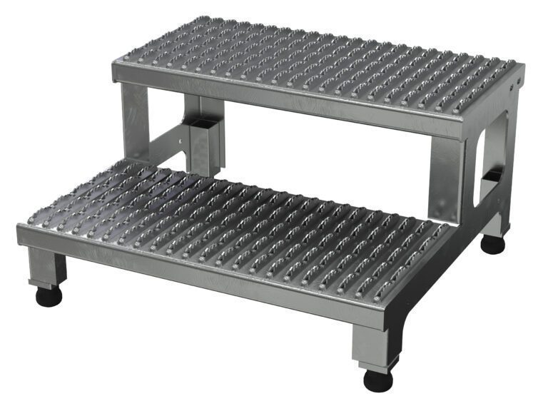 ASP-24-A_A.jpg The gray Vestil Adj Alum Step Mate Stand 2 Step 24.06 X 22.75 features an industrial design, metallic steps with embossed non-slip surfaces, and four black rubber feet, emphasizing functionality and durability for various tasks.