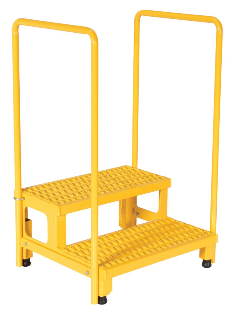 ASP-24-HR_A.jpg Presenting the Vestil Adj Step Stand 2 Step W/Handrail 25.93 x 22.87, in bright yellow with textured steps for grip, and two vertical side rails for stability, designed for safe access in industrial or warehouse environments.