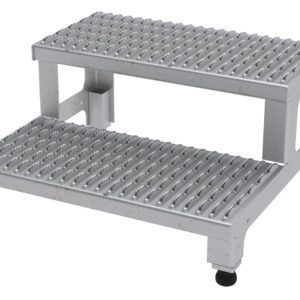 The Vestil Adj Ss Step Mate Stand 2 Step, measuring 23.75 x 22.87 inches, features a two-step aluminum ladder with textured, corrugated steps for traction, an industrial design for stability, and four black rubber feet for sturdy support during any task.