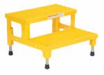 The Vestil Adjust Step Mate Stand 2 Step features a yellow metal design with grated steps for slip resistance, four adjustable legs with rubber tips for stability, and a top step slightly smaller than the bottom, measuring 23.81 x 22.87 inches.