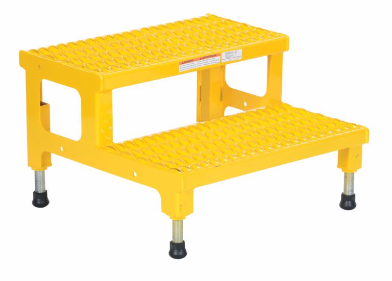 The Vestil Adjust Step Mate Stand 2 Step features a yellow metal design with grated steps for slip resistance, four adjustable legs with rubber tips for stability, and a top step slightly smaller than the bottom, measuring 23.81 x 22.87 inches.