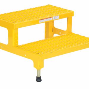 The Vestil Adjust Step Mate Stand 2 Step features a yellow metal design with grated steps for slip resistance, four adjustable legs with rubber tips for stability, and a top step slightly smaller than the bottom, measuring 23.81 x 22.87 inches.