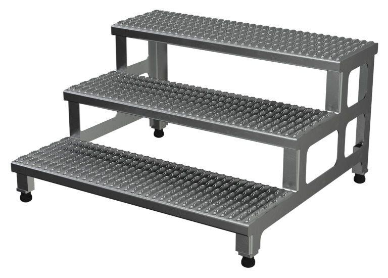 The Vestil Adj Alum Step Mate Stand 3 Step 36.06 X 33.62 features a sleek industrial design with three perforated treads and strong sidebars, offering a metallic silver finish against a white backdrop, measuring 36.06 x 33.62 inches overall.