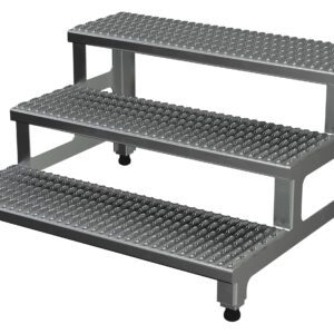 The Vestil Adj Alum Step Mate Stand 3 Step 36.06 X 33.62 features a sleek industrial design with three perforated treads and strong sidebars, offering a metallic silver finish against a white backdrop, measuring 36.06 x 33.62 inches overall.