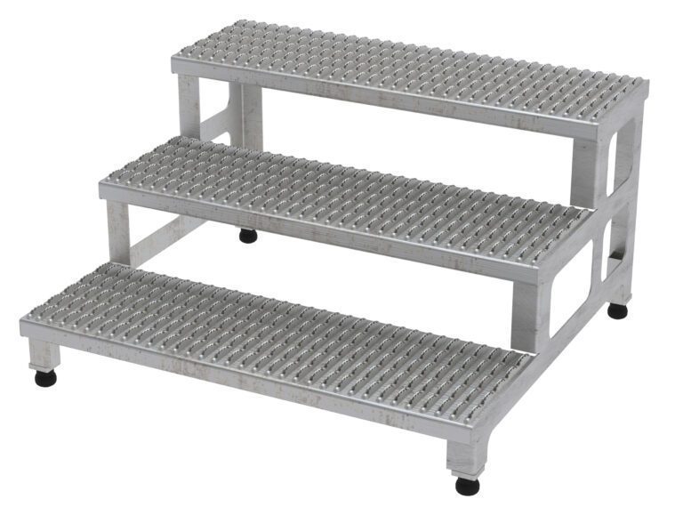 The Vestil Adj Ss Step Mate Stand 3 Step, measuring 35.75 x 33.87 inches, features an aluminum platform with textured non-slip surfaces, rounded corners, and is elevated on small black rubber feet for enhanced stability and grip.