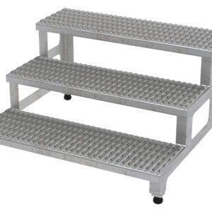 The Vestil Adj Ss Step Mate Stand 3 Step, measuring 35.75 x 33.87 inches, features an aluminum platform with textured non-slip surfaces, rounded corners, and is elevated on small black rubber feet for enhanced stability and grip.