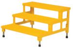 The Vestil Adjust Step Mate Stand features a yellow, three-step plastic stool with textured surfaces and four adjustable metal legs for stability and slip resistance, measuring 36.18 x 33.87 inches—ideal for secure footing tasks.