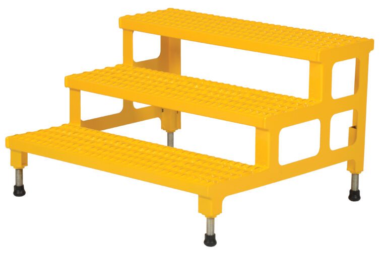 ASP-36-3_A.jpg The Vestil Adjust Step Mate Stand features a yellow, three-step plastic stool with textured surfaces and four adjustable metal legs for stability and slip resistance, measuring 36.18 x 33.87 inches—ideal for secure footing tasks.