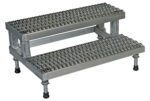 The Vestil Adj Alum Step Mate Stand 2 Step 36.06 x 22.75 is a durable metal stool with textured, non-slip steps and adjustable feet for stability, perfect for industrial or heavy-duty use.