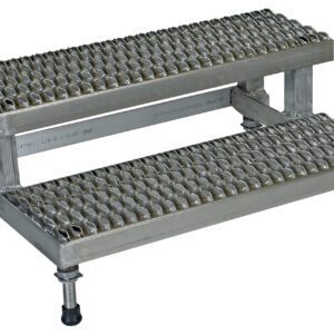 The Vestil Adj Alum Step Mate Stand 2 Step 36.06 x 22.75 is a durable metal stool with textured, non-slip steps and adjustable feet for stability, perfect for industrial or heavy-duty use.