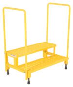 The Vestil Adj Step Stand 2 Step W/Handrail 38 x 22.87 features a yellow safety platform, non-slip textured steps, and handrails for secure footing, with adjustable feet ensuring stability on diverse surfaces.