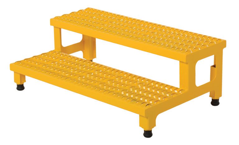 The Vestil Adjust Step Mate Stand 2 Step 36.18 x 22.87 in is a durable, yellow industrial stair platform with two steps featuring perforated, slip-resistant surfaces, adjustable black feet, and side handles for easy portability.