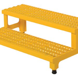 The Vestil Adjust Step Mate Stand 2 Step 36.18 x 22.87 in is a durable, yellow industrial stair platform with two steps featuring perforated, slip-resistant surfaces, adjustable black feet, and side handles for easy portability.