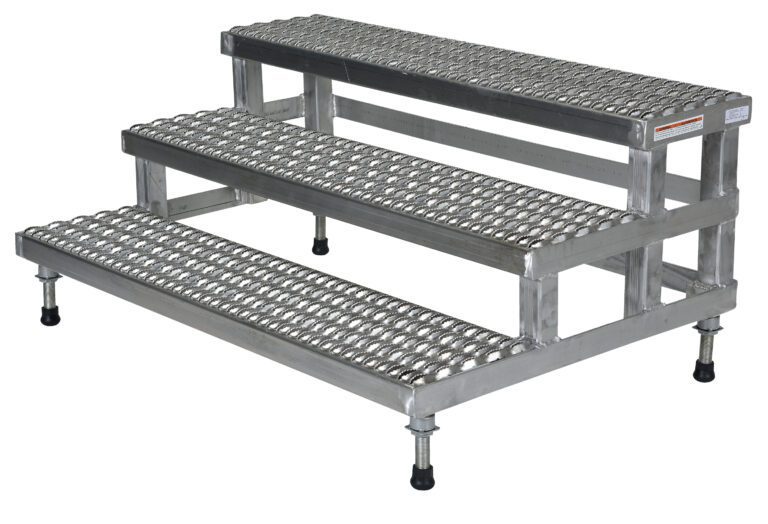 ASP-48-3-SS_A.jpg The Vestil Adj Ss Step Mate Stand 3-Step 47.75 x 33.87 In features textured, non-slip steps and a grid pattern for enhanced grip and safety, supported by four adjustable legs for stability.