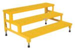 The Vestil Adjust Step Mate Stand 3 Step is a yellow, metal platform with textured treads and four adjustable feet for stability. Measuring 48.5 x 33.87 inches, its ideal for machinery access or industrial use.