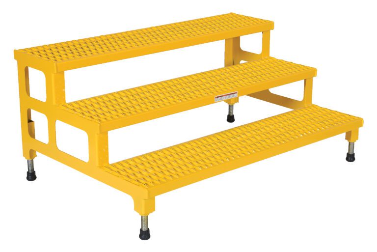 The Vestil Adjust Step Mate Stand 3 Step is a yellow, metal platform with textured treads and four adjustable feet for stability. Measuring 48.5 x 33.87 inches, its ideal for machinery access or industrial use.