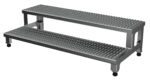 The Vestil Adj Alum Step Mate Stand 2 Step 48.06 X 22.75 features a two-tier metal platform with textured, non-slip surfaces and adjustable legs for stability, complemented by a metallic finish for a sleek, industrial look.