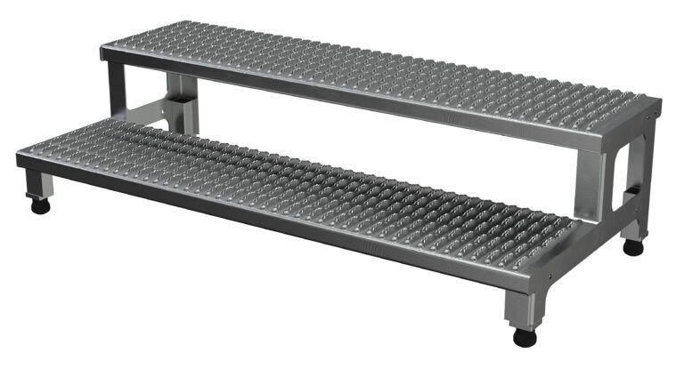 ASP-48-A_A.jpg The Vestil Adj Alum Step Mate Stand 2 Step 48.06 X 22.75 features a two-tier metal platform with textured, non-slip surfaces and adjustable legs for stability, complemented by a metallic finish for a sleek, industrial look.