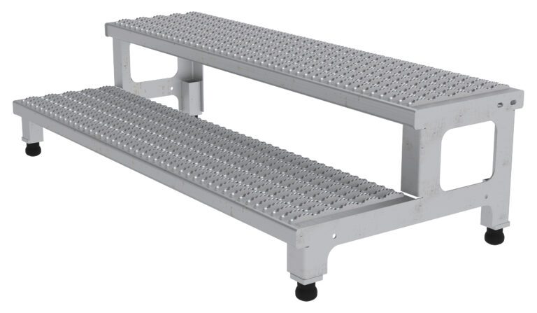 The Vestil Adj Ss Step Mate Stand 2 Step, measuring 47.75 x 22.75 inches, is a durable metal platform featuring grated steps and wheeled legs for mobility, designed with a simple rectangular frame for secure footing.