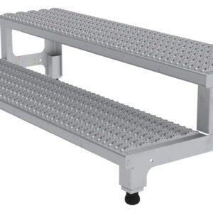The Vestil Adj Ss Step Mate Stand 2 Step, measuring 47.75 x 22.75 inches, is a durable metal platform featuring grated steps and wheeled legs for mobility, designed with a simple rectangular frame for secure footing.