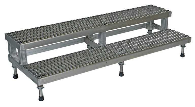 The Vestil Adj Alum Step Mate Stand 2 Step 60.06 X 2.75 features a grated surface with adjustable legs, textured perforations for traction, and rubberized feet for stability, all in an industrial design.