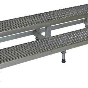 The Vestil Adj Ss Step Mate Stand 2 Step is a sleek silver metal platform with perforated steps for industrial use. It measures 59.75 x 22.75 inches and includes adjustable legs and black rubber feet to ensure stability on various surfaces.